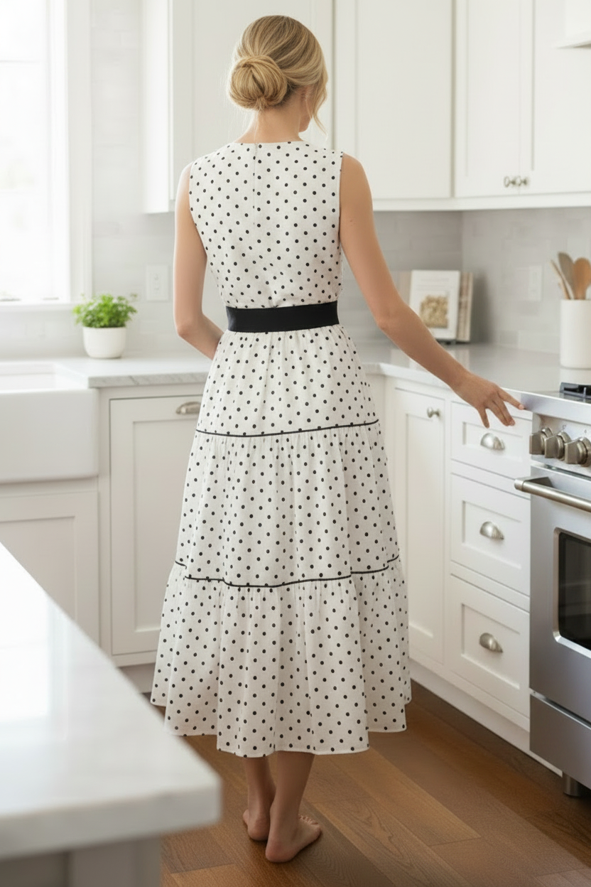 Retro Belted Button Down Collared Polka-dot Sleeveless Tiered Midi Shirt Dress