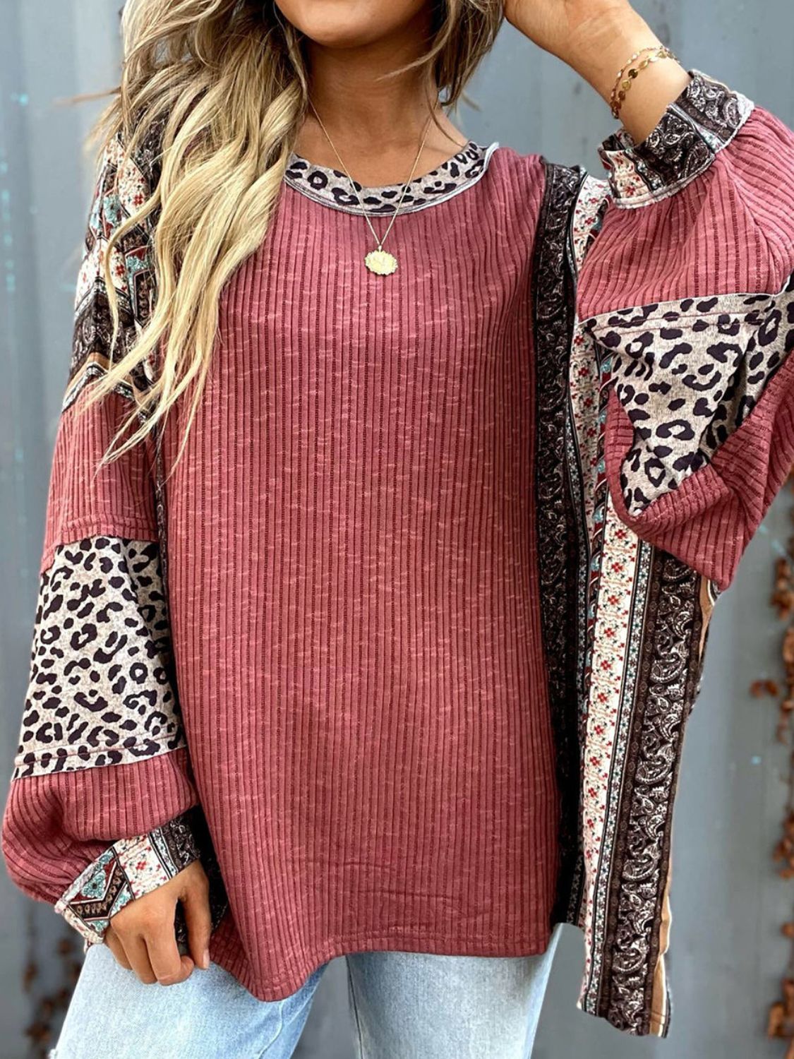 Leopard Patchwork Retro Floral Stripe Long Sleeve Blouse Top Hippie Boho Shirt