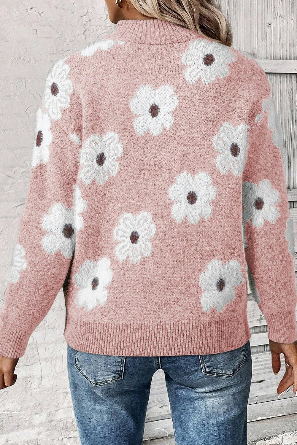 Fuzzy Half-Zip Pullover Daisy Retro Flower Top Eyelash Knit Henley Neck Sweater Shirt