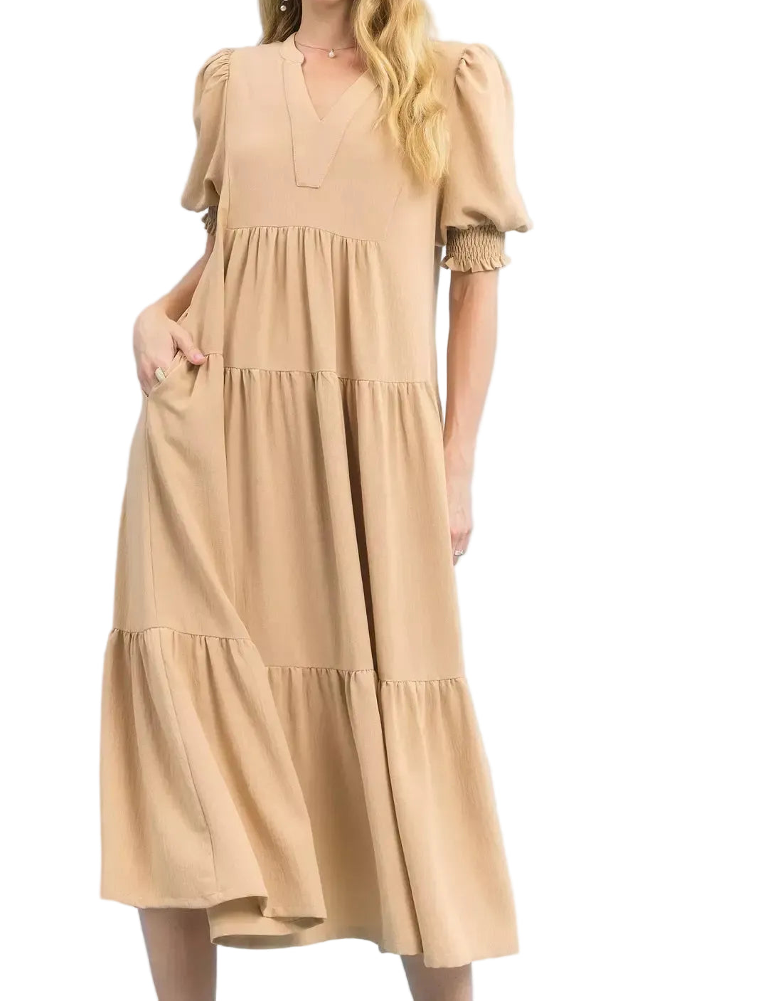 Umgee Oversized V-Neck Smocked 3/4 Puff Sleeve Slit Pocket Tiered Midi Dress Latte