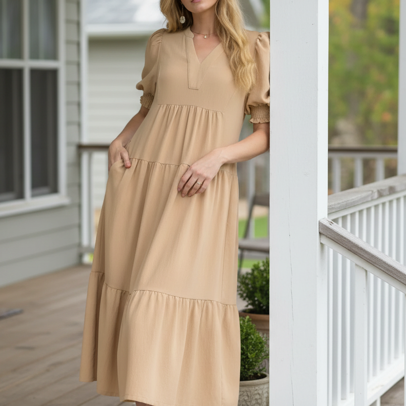 Umgee Oversized V-Neck Smocked 3/4 Puff Sleeve Slit Pocket Tiered Midi Dress Latte