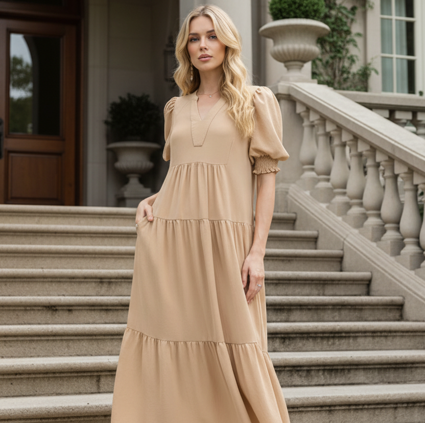 Umgee Oversized V-Neck Smocked 3/4 Puff Sleeve Slit Pocket Tiered Midi Dress Latte
