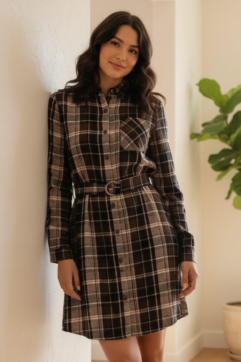 Belted Plaid Button-Up Front Boyfriend Collared Neck Long Sleeve Mini Shirt Dress