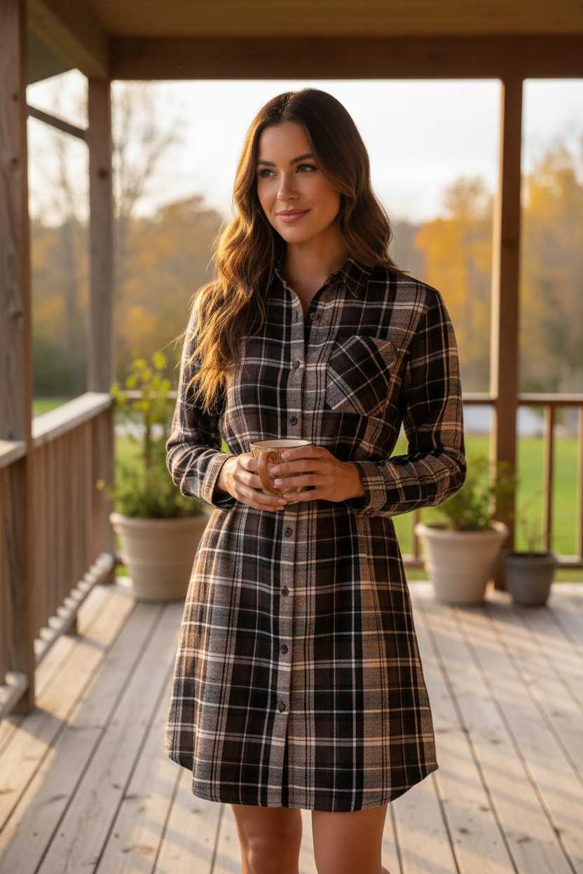 Belted Plaid Button-Up Front Boyfriend Collared Neck Long Sleeve Mini Shirt Dress