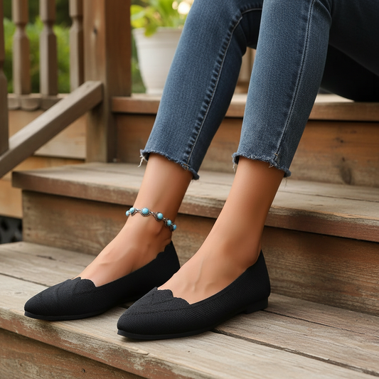 Jacquard Mesh Knit Pointed Toe Flats Slip-On Ballet Loafers Scalloped Edge Shoes