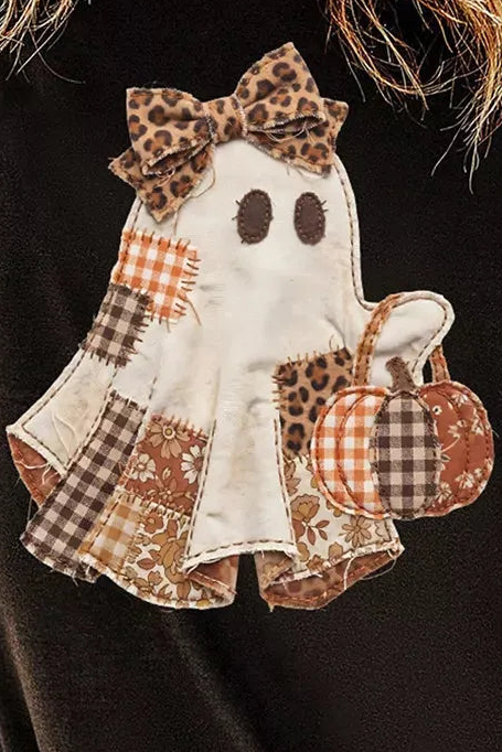 Patchwork Ghost Leopard Bow Pumpkin Patch Short Sleeve Top Halloween T-Shirt