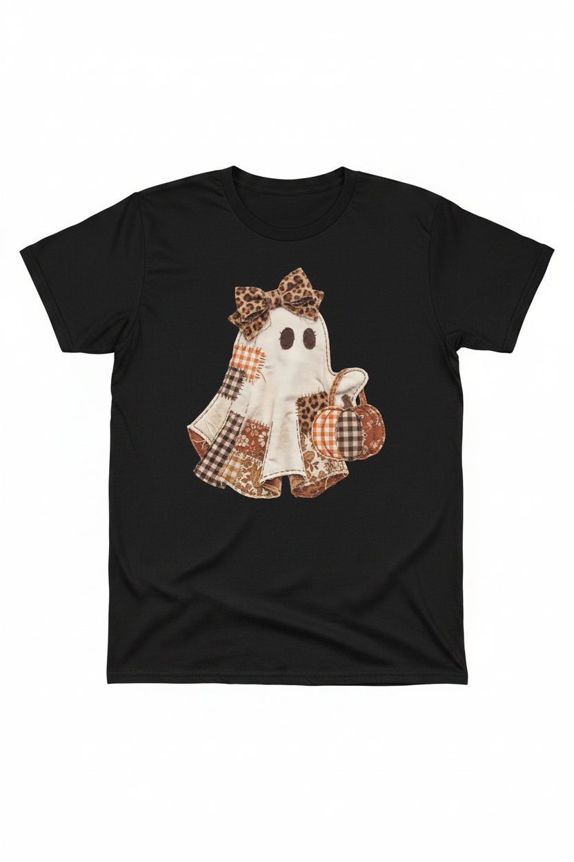Patchwork Ghost Leopard Bow Pumpkin Patch Short Sleeve Top Halloween T-Shirt