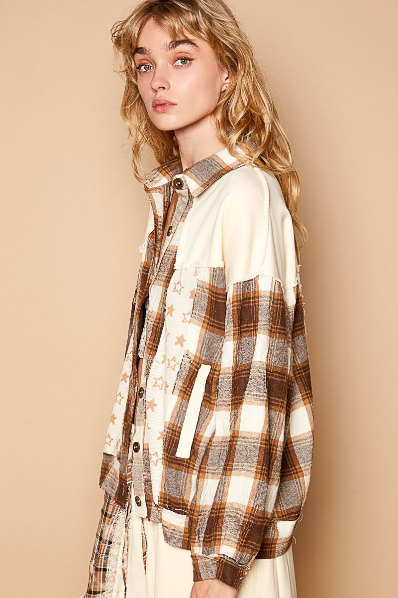 POL Shacket Star Plaid Bohemian Patchwork Exposed Raw Frayed Seam Oversized Jacket