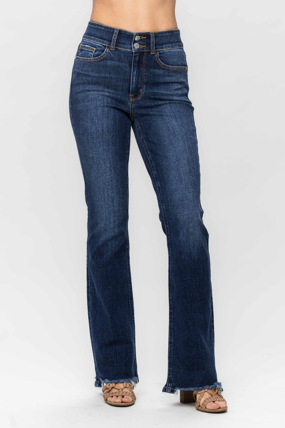 Judy Blue High-Rise Jeans Double Button Bootcut Distressed Torn Hem Denim Pants