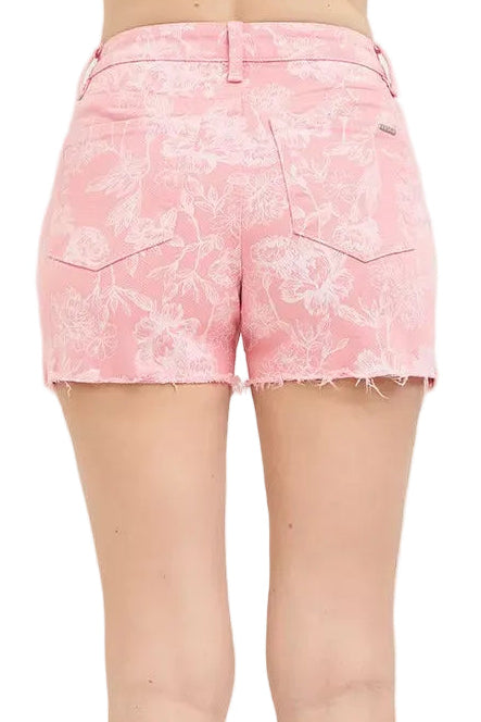 Risen Pink Floral Denim High-Rise Waist Relaxed Fit Raw Hem Retro Shorts