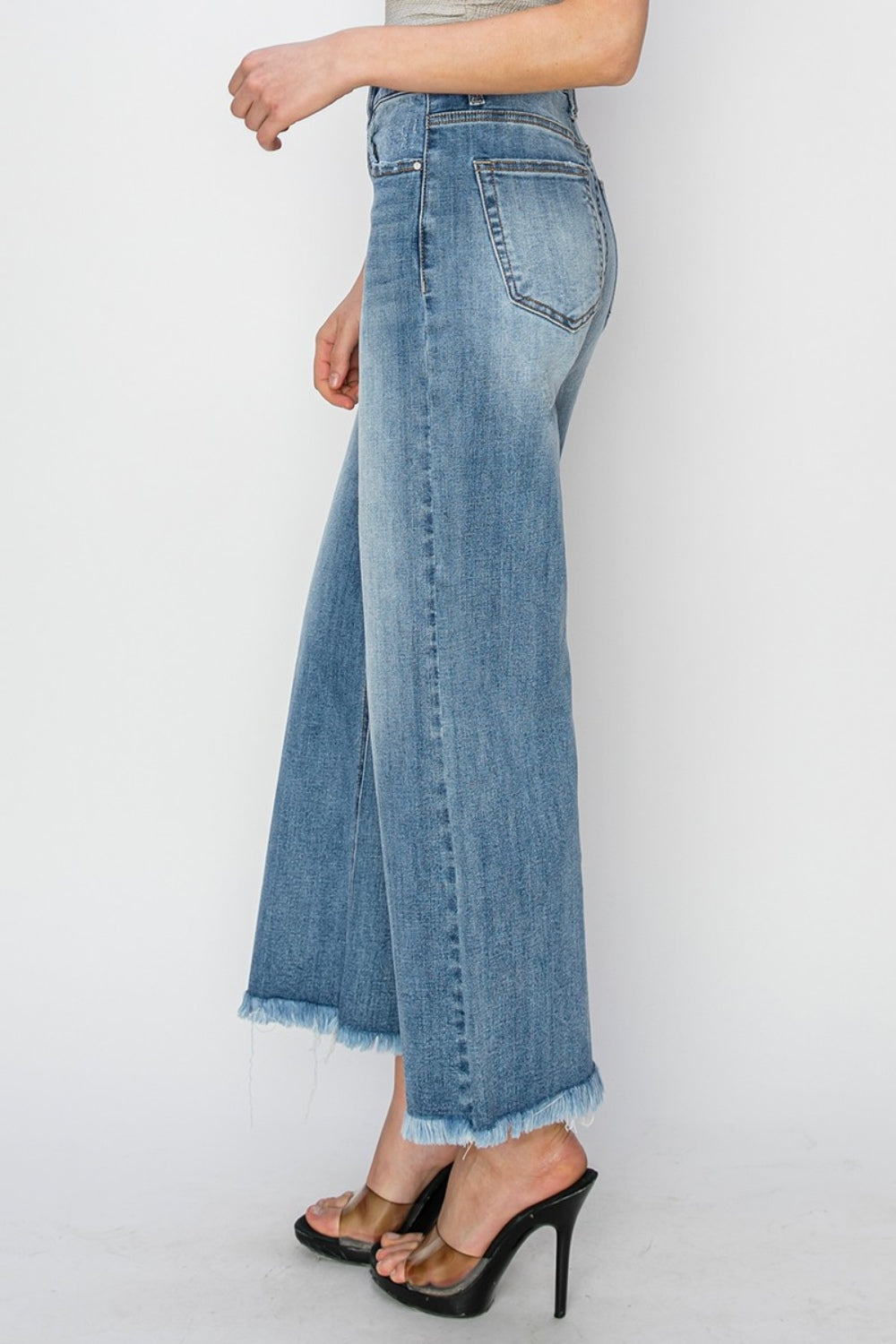 RISEN High-Rise Wide Leg Pants Distressed Cut-off Cropped Boyfriend Jeans Denim