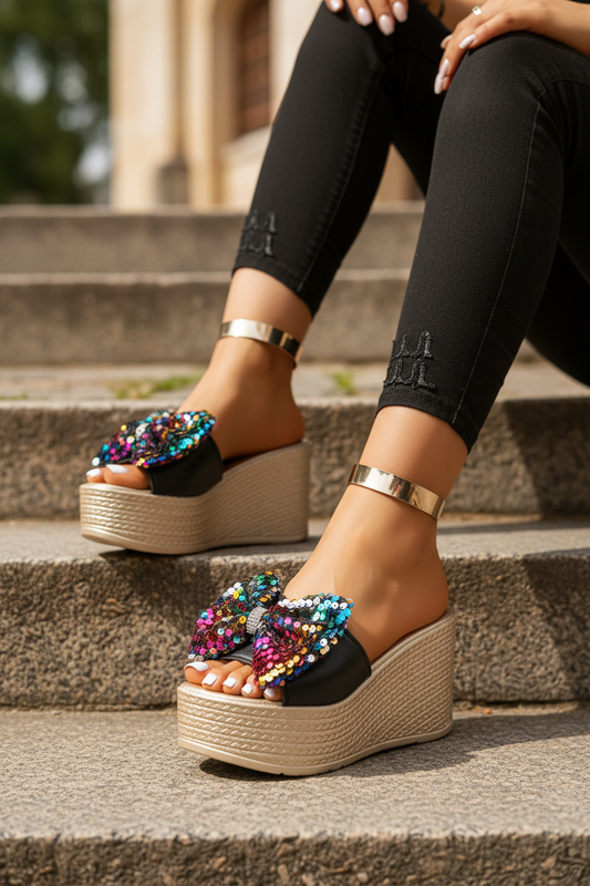 Oversized Sequin Bow Open Toe Shoes Chunky Bling Platform Wedge Sandals