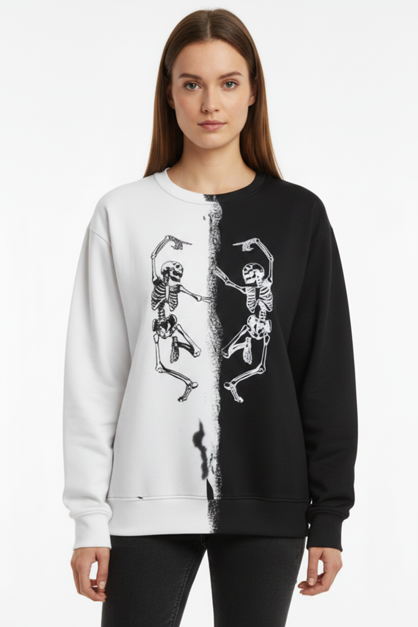 Dancing Skeletons Spray Paint Colorblock Oversized Halloween Pullover Sweatshirt