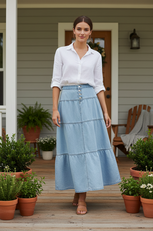 Risen High-Rise Button Front Elastic Waist Tiered Ruffle Long Denim Maxi Jean Skirt
