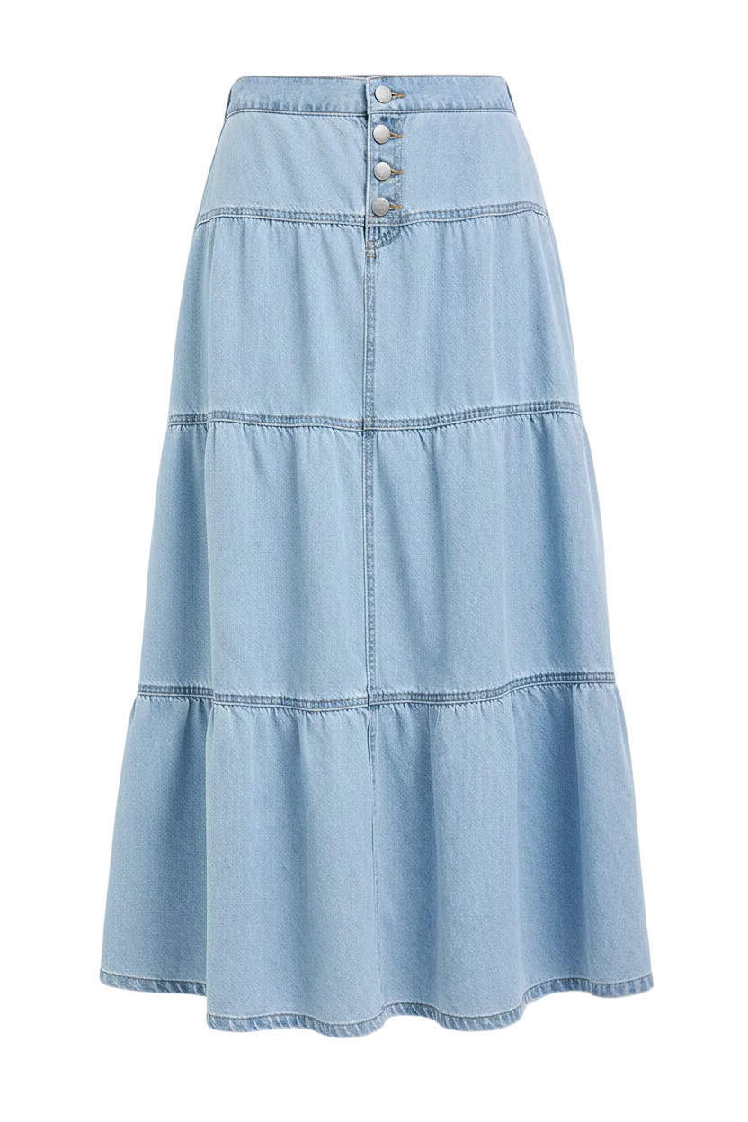 Risen High-Rise Button Front Elastic Waist Tiered Ruffle Long Denim Maxi Jean Skirt