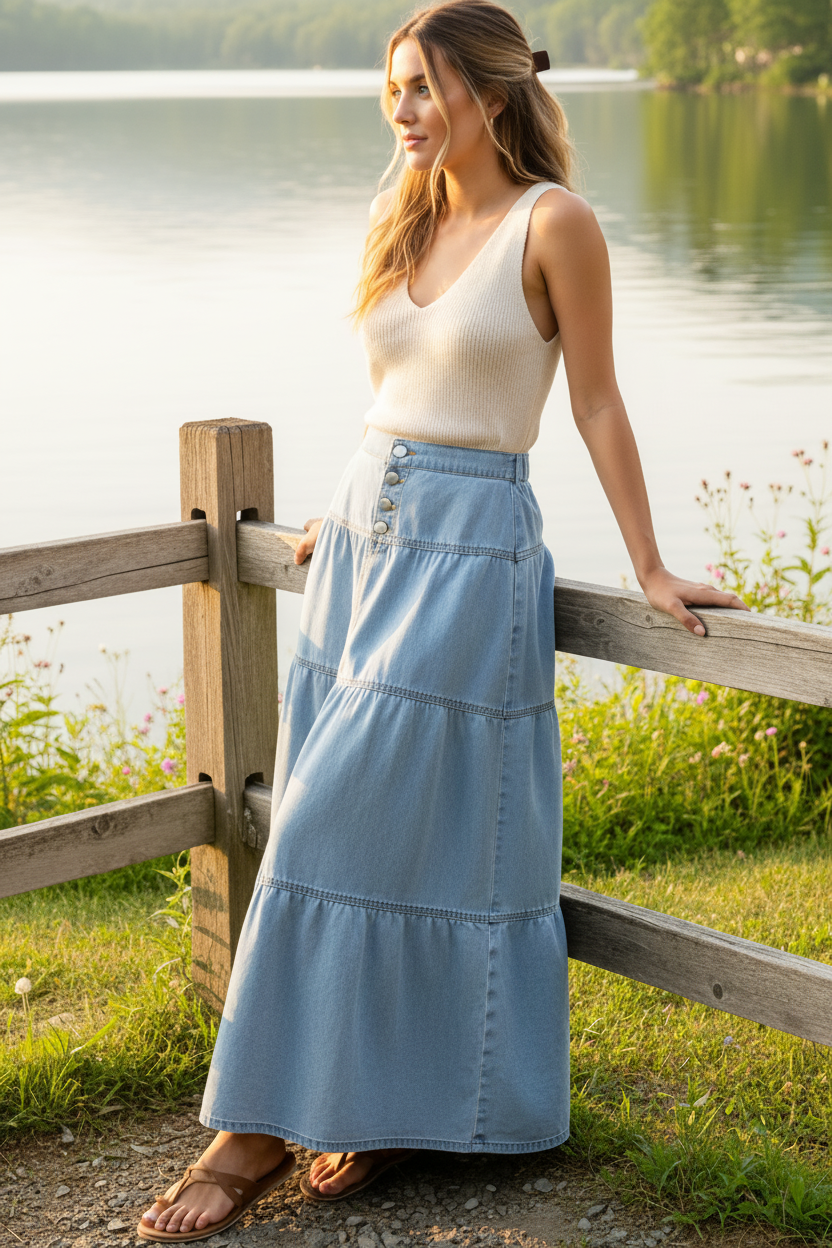 Risen High-Rise Button Front Elastic Waist Tiered Ruffle Long Denim Maxi Jean Skirt