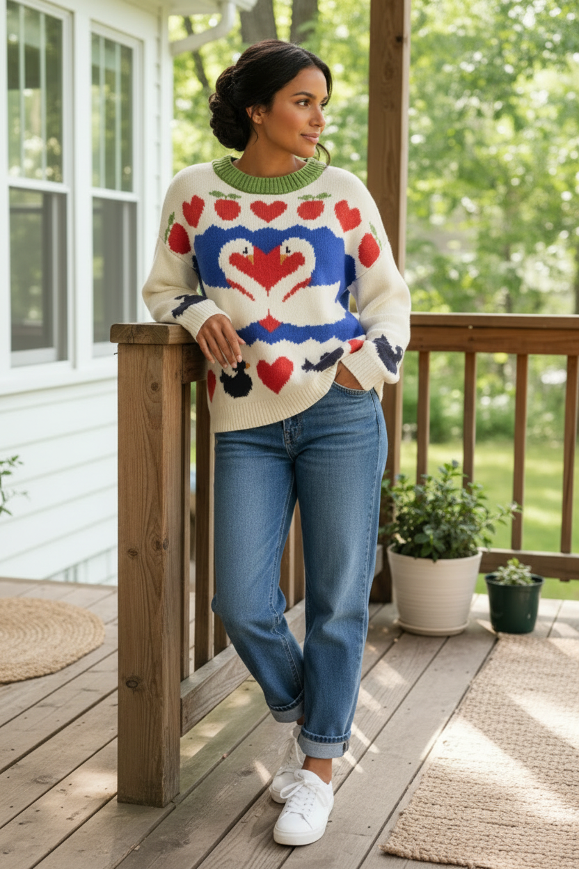 Swan Heart Strawberry Oversized Pullover Round Neck Long Sleeve Boxy Knit Sweater