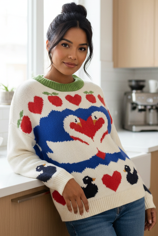 Swan Heart Strawberry Oversized Pullover Round Neck Long Sleeve Boxy Knit Sweater
