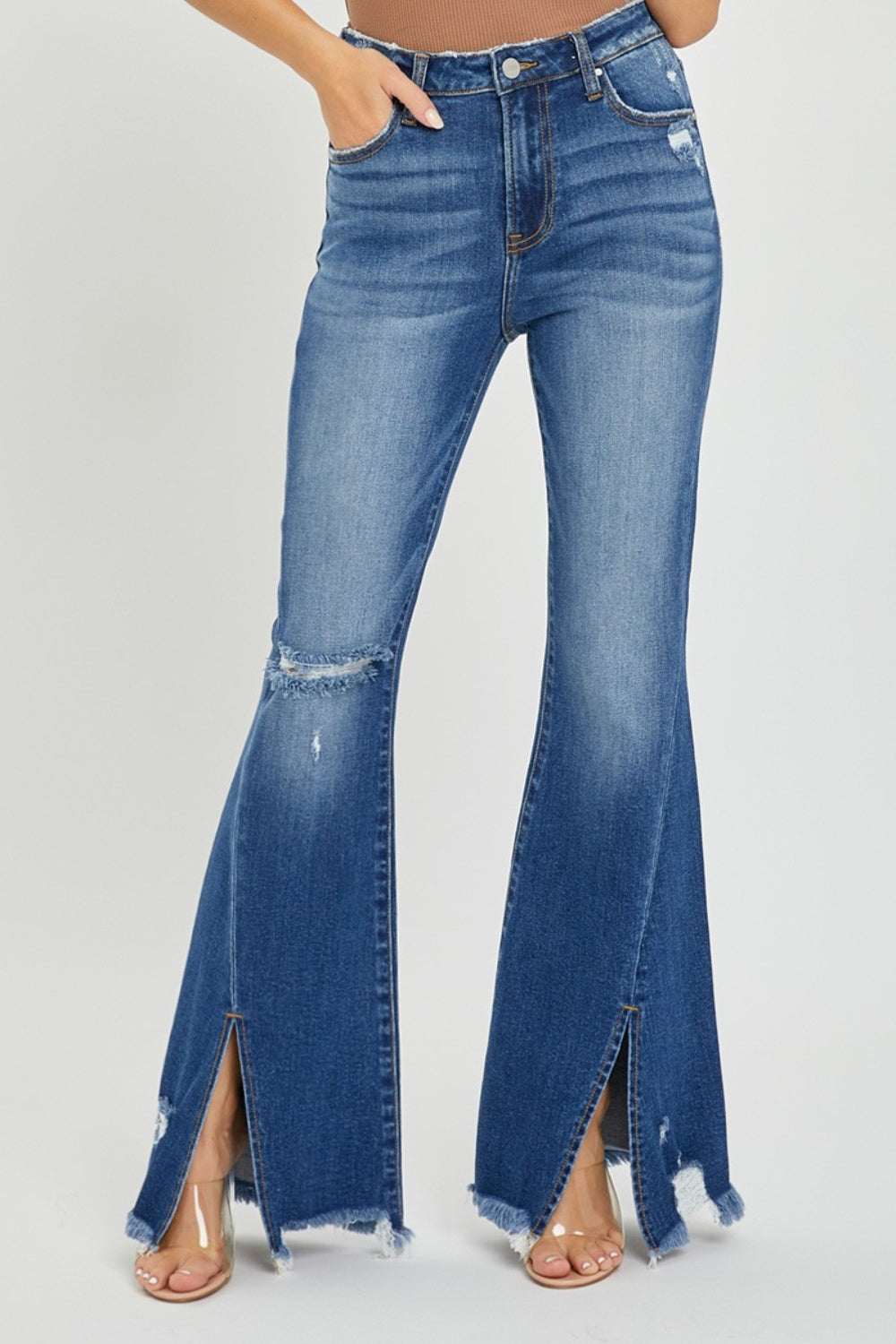 Flare Denim Jeans With Split At Bottom High-Rise Distressed Split