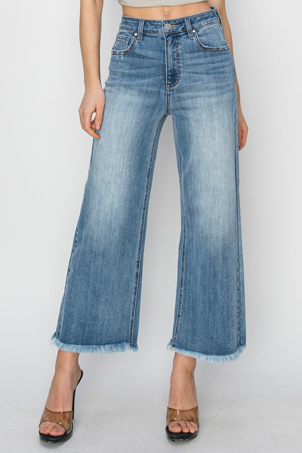 RISEN High-Rise Wide Leg Pants Distressed Cut-off Cropped Boyfriend Jeans Denim