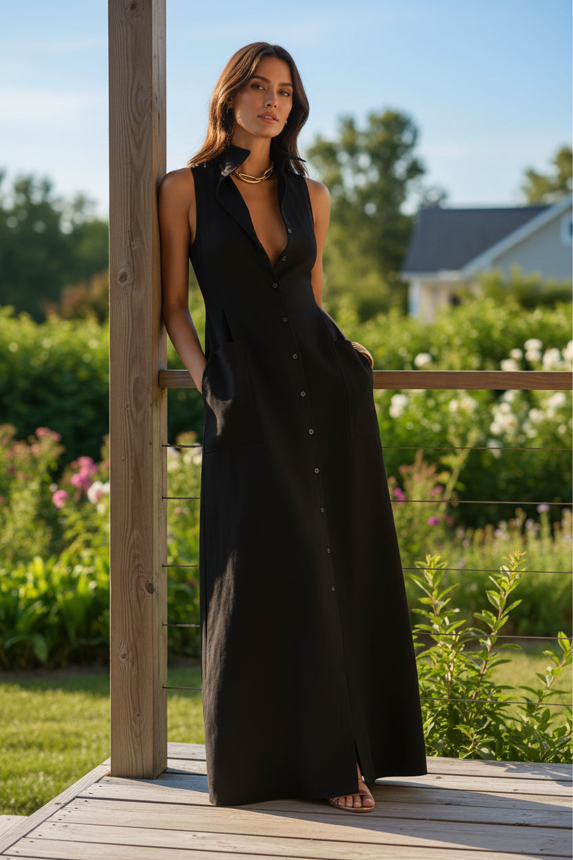 Collared Maxi Shirt Dress Sleeveless Button-Down Side Slit Pocket