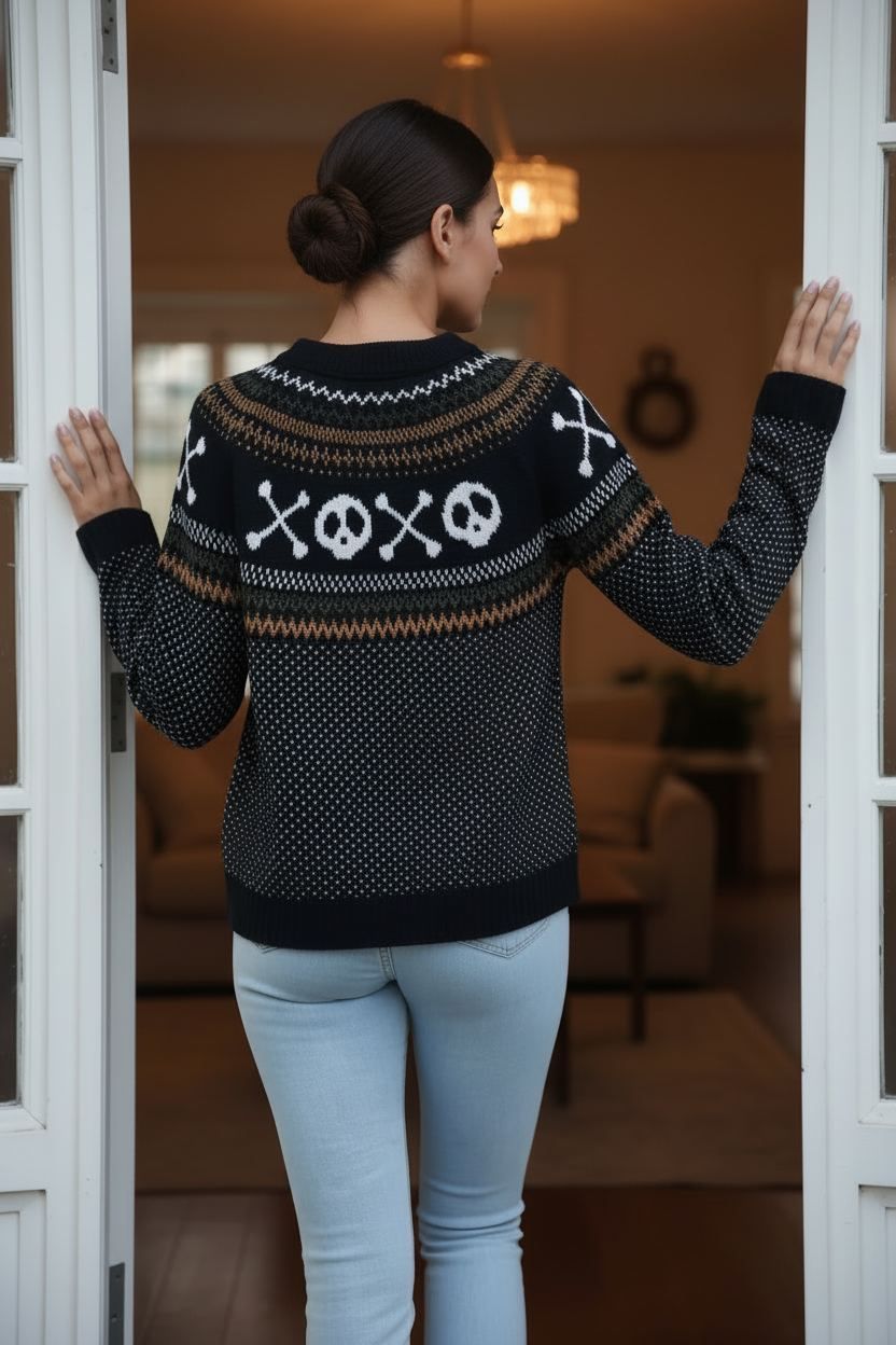 Ghost Fair Isle Nordic Crew Neck Top Long Sleeve Halloween Pullover Knit Sweater