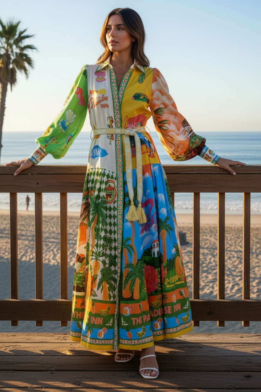 Paradise Inn Island Button-Up Belted Artsy Lantern Sleeve Collared Midi Shirt Dress