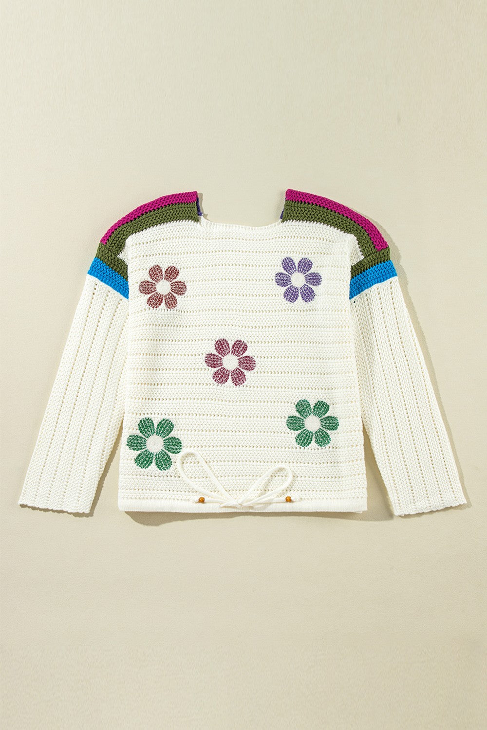 Colorful Crochet Daisy Retro Flower Hippie Long Sleeve Top Drawstring Hem Knit Sweater