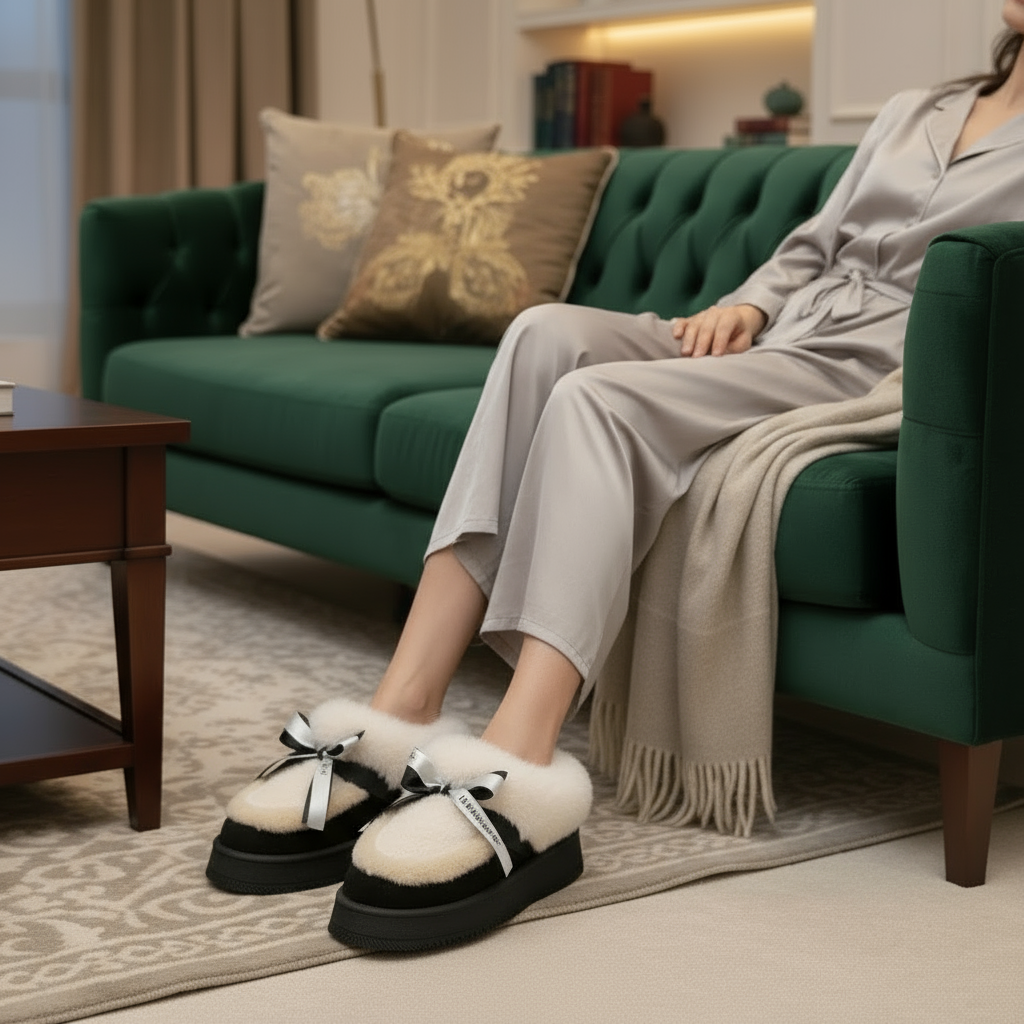 Plush Faux Fur Platform Fashion Bow Slipper Ankle Boots Fuzzy Shoes Contrasting Slip-on Bootie