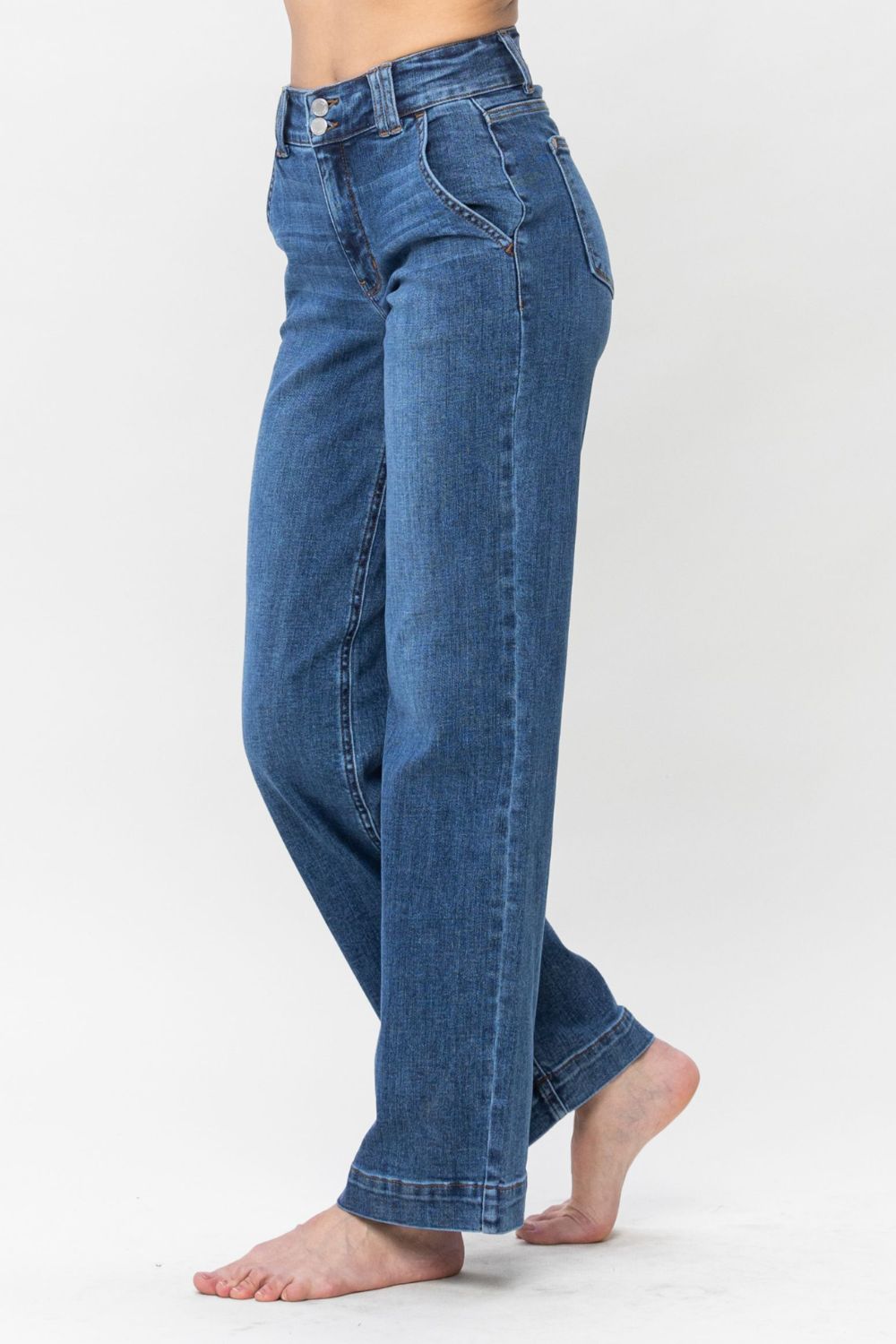 Judy Blue High-Rise Boyfriend Jeans Double Button Relaxed Wide Leg Denim Pants