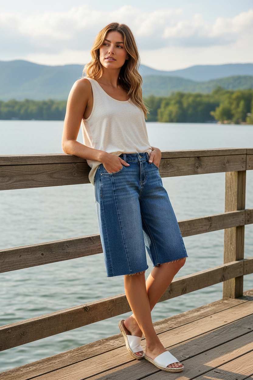 Risen High-Rise Baggy Raw Hem Panel Seam Jorts Bermuda Long Denim Shorts