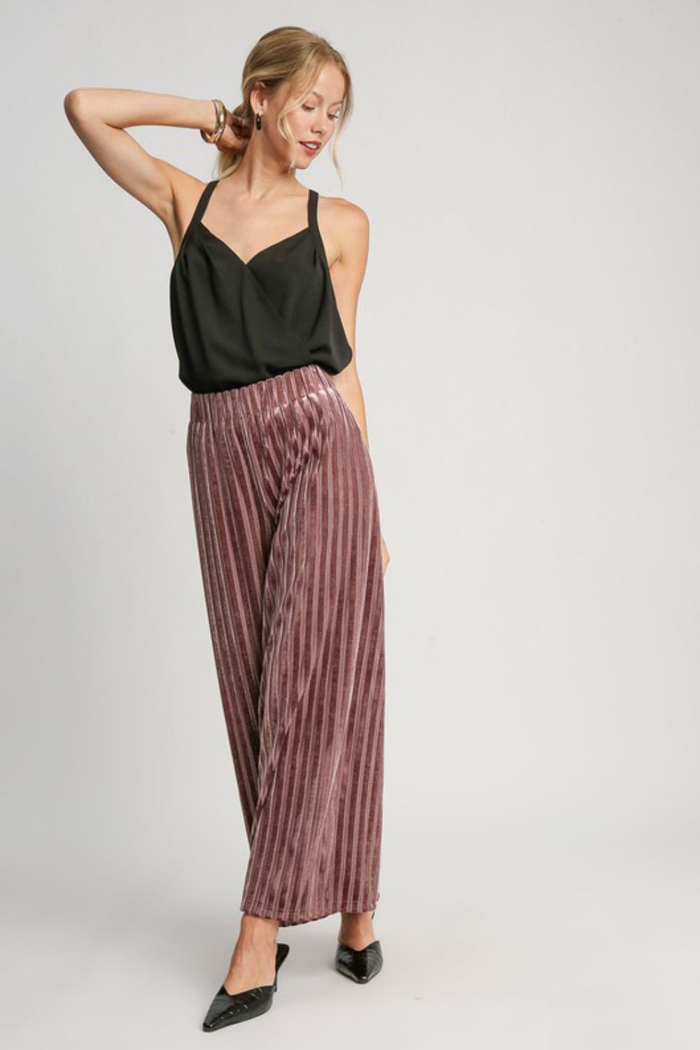 Umgee Velvet High-Rise Retro Pants Wide Leg Boho 70s Metallic Stripe Elastic Waist