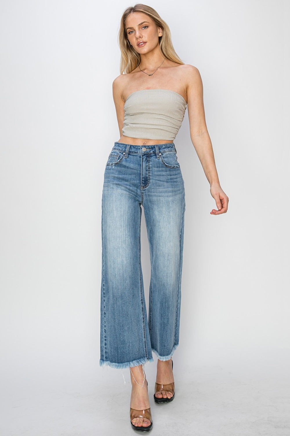 RISEN High-Rise Wide Leg Pants Distressed Cut-off Cropped Boyfriend Jeans Denim