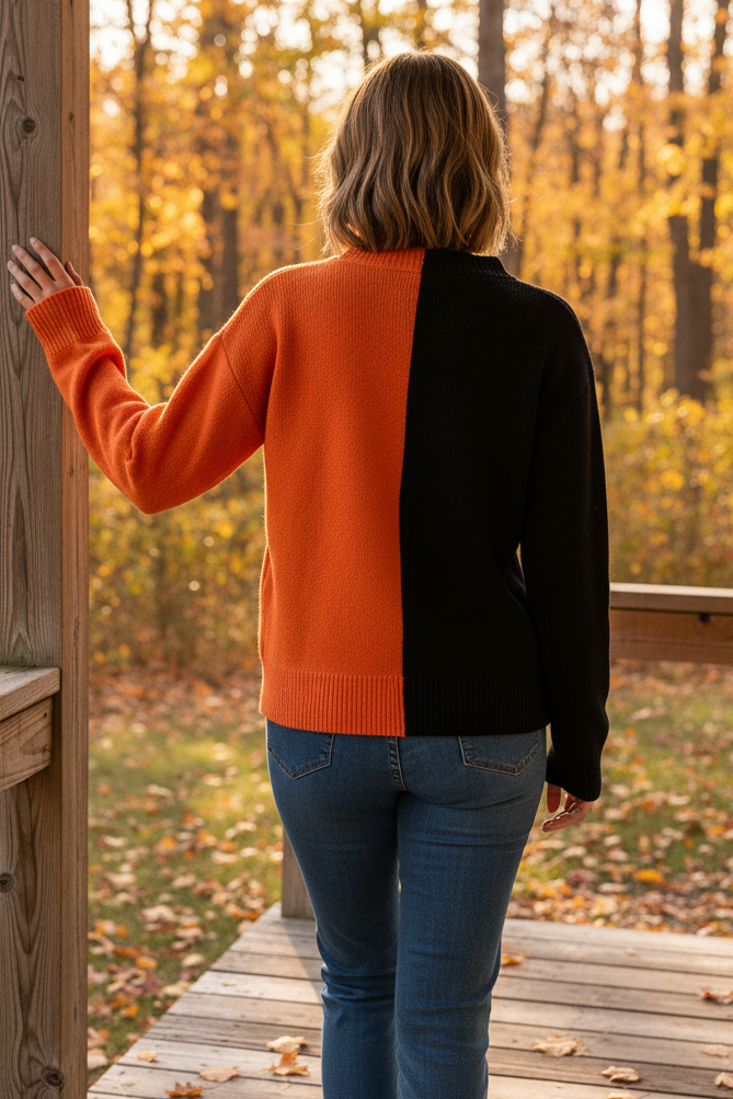 Halloween Knit Jack O’ Lantern Colorblock Relaxed Crew Neck Pullover Sweater