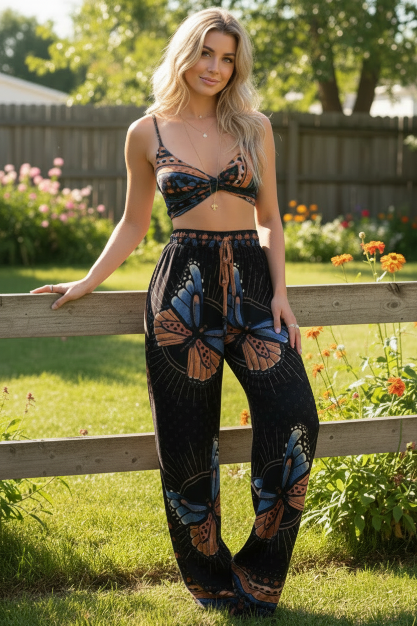 Matching Boho Butterfly Smocked Back Crop Top High-Rise Elastic Waist Wide Leg Pants Set
