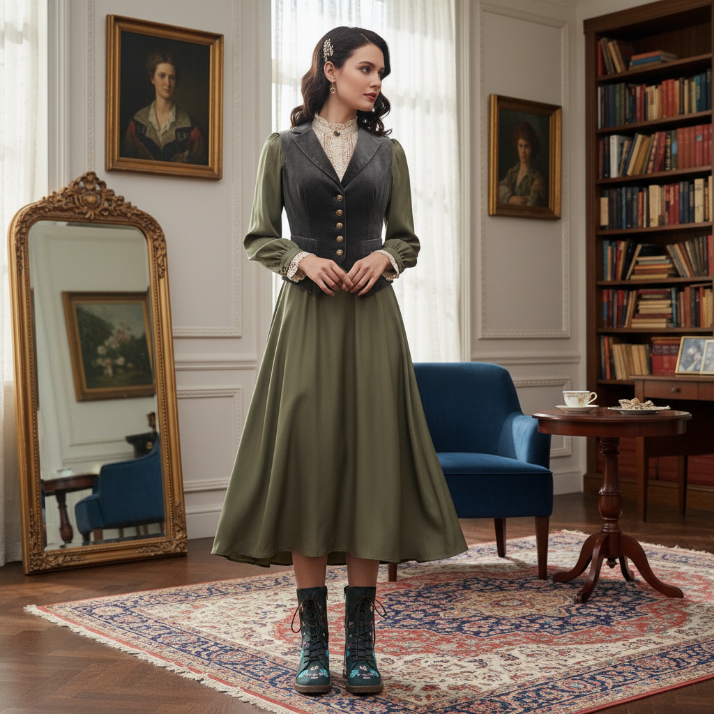 Embroidered Floral Round Toe Victorian-Inspired Low Block Heel Boots Lace-up Shoes