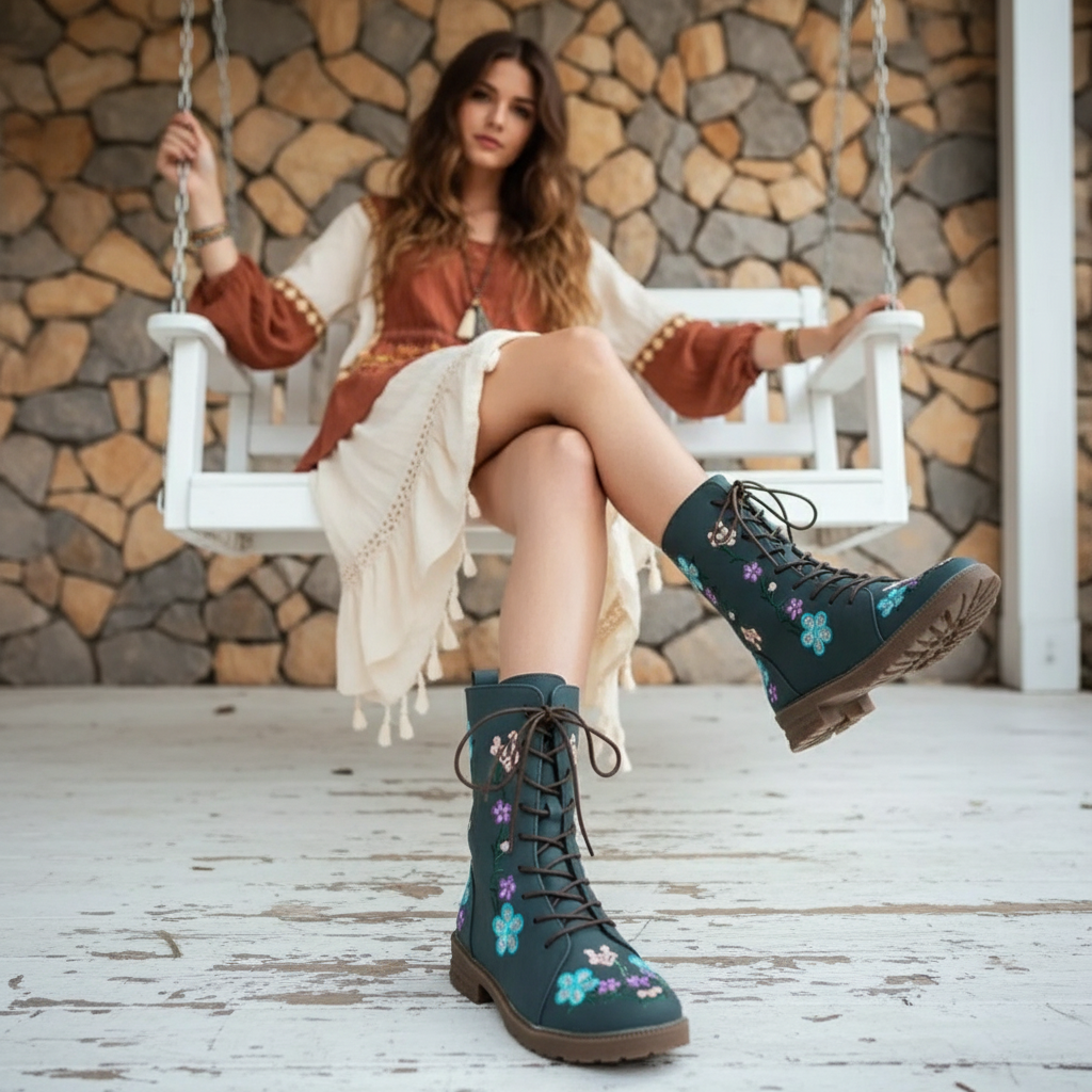 Embroidered Floral Round Toe Victorian-Inspired Low Block Heel Boots Lace-up Shoes