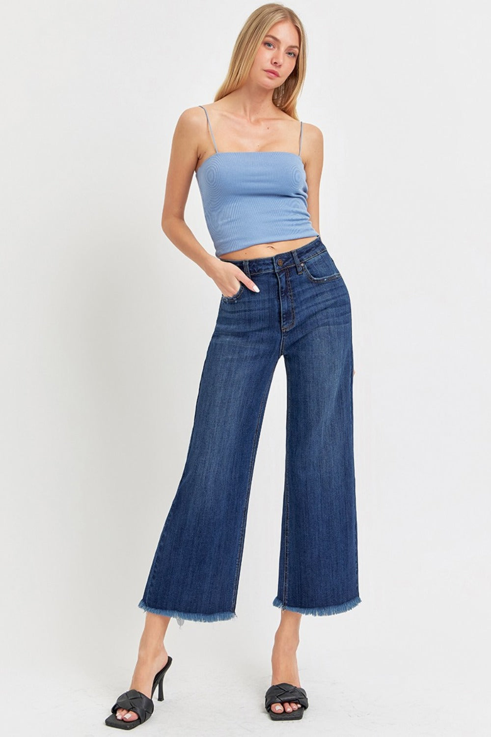 High-Rise Denim Jeans Wide Leg Cropped Raw Frayed Hem Retro Pants RISEN