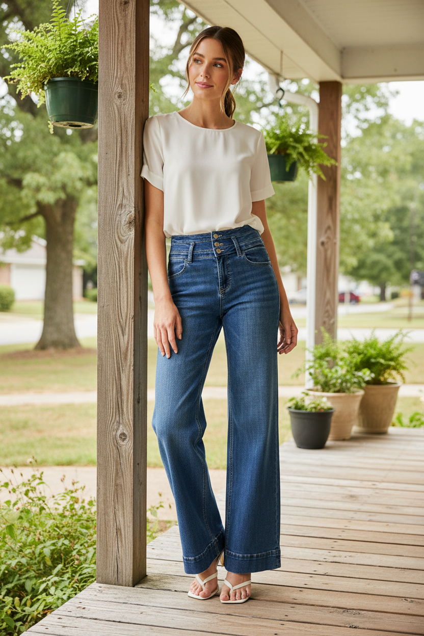 Risen High-Rise Triple Button Waistband Wide-Leg Retro Pants Denim Jeans