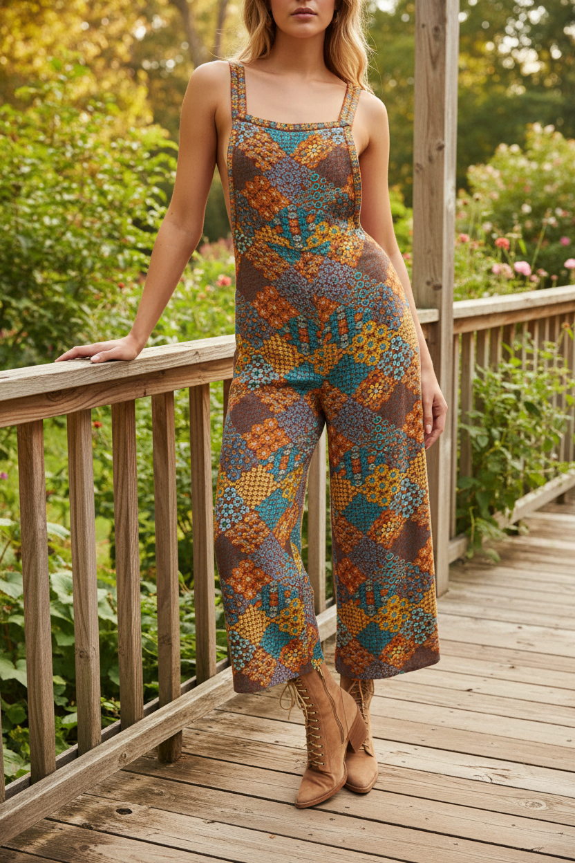 Retro Floral Jumpsuit Crisscross Back Strap Palazzo Wide Leg Cropped Overalls