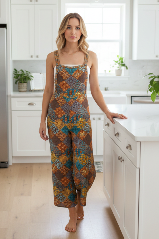 Retro Floral Jumpsuit Crisscross Back Strap Palazzo Wide Leg Cropped Overalls