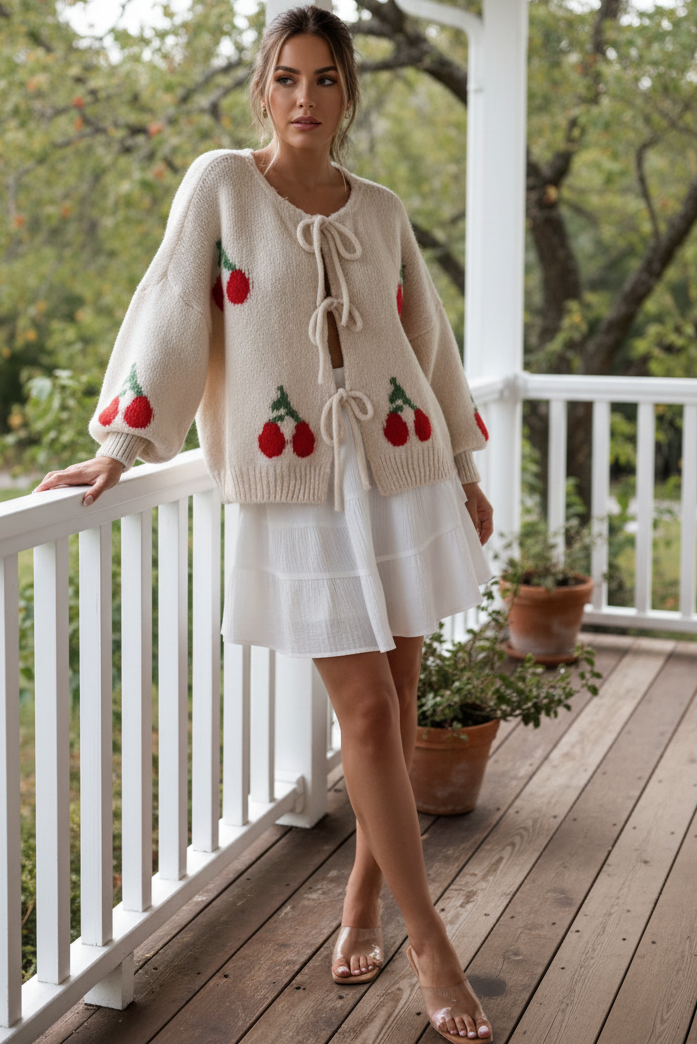 Cherry Bow Tie-Front Oversized Knit Cardigan Balloon Sleeve Boxy Sweater