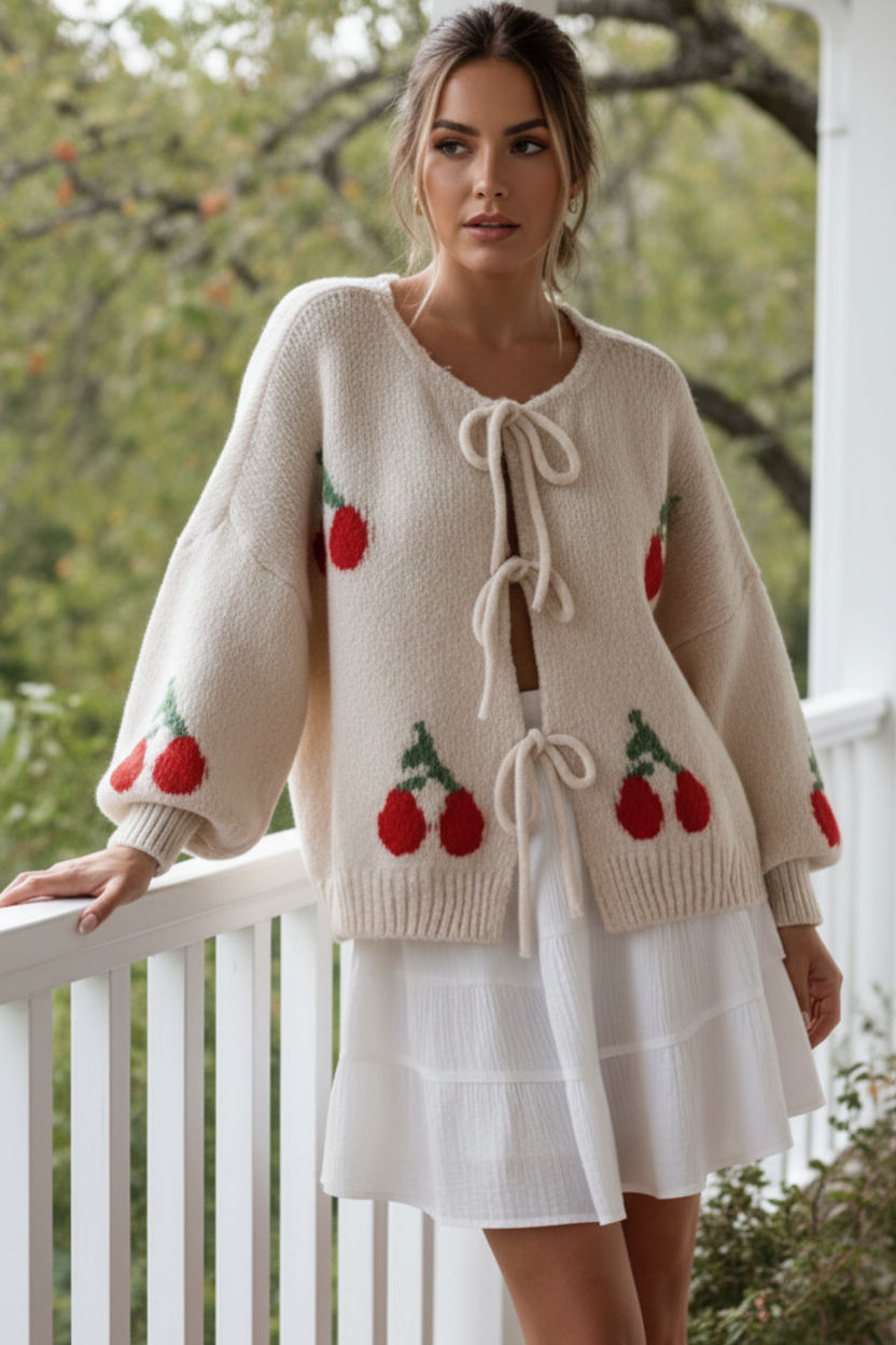 Cherry Bow Tie-Front Oversized Knit Cardigan Balloon Sleeve Boxy Sweater