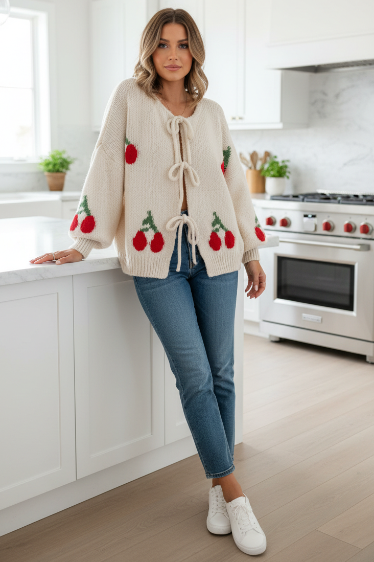 Cherry Bow Tie-Front Oversized Knit Cardigan Balloon Sleeve Boxy Sweater