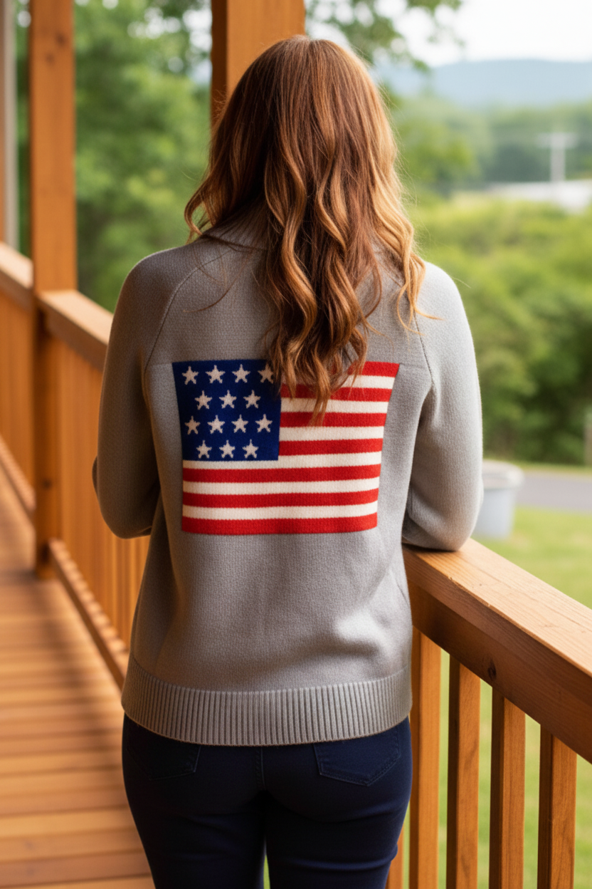 American USA Flag V-Neck Button Front Patch Pocket Long Sleeve Boxy Knit Cardigan