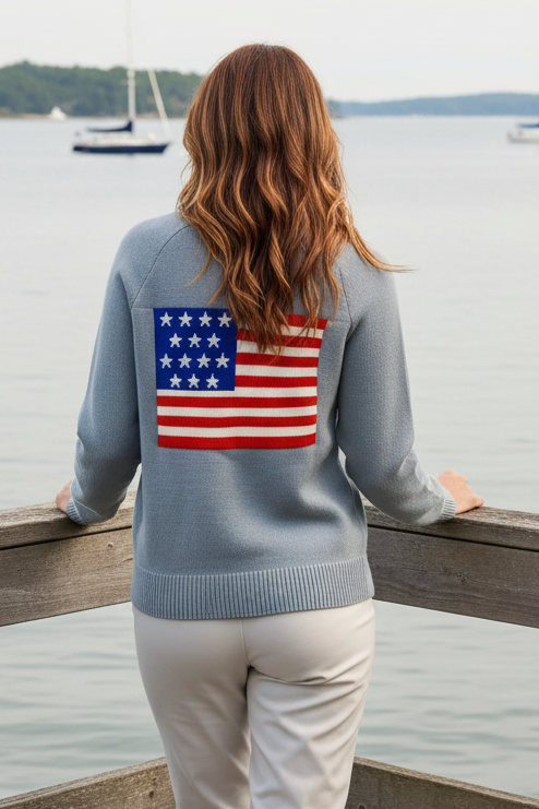 American USA Flag V-Neck Button Front Patch Pocket Long Sleeve Boxy Knit Cardigan