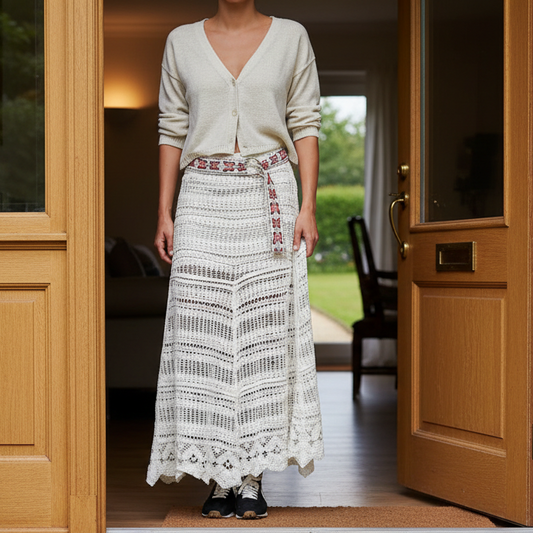 POL Openwork Boho Crochet Knit Long Maxi Skirt Butterfly Embroidered Belt Off-white