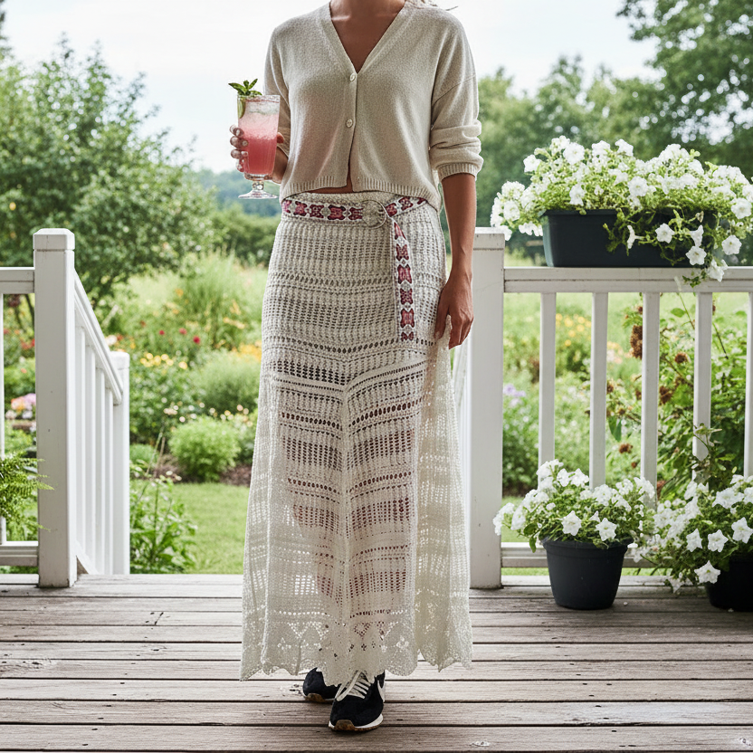 POL Openwork Boho Crochet Knit Long Maxi Skirt Butterfly Embroidered Belt Off-white