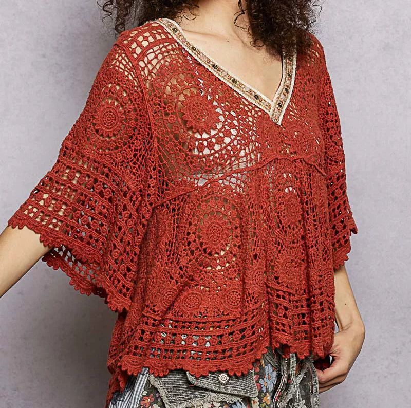 POL Beaded Contrasting V-Neck Top Openwork Granny Crochet Scalloped Hem Blouse Ginger
