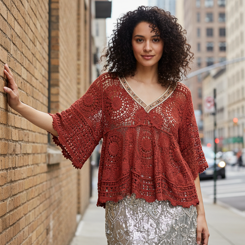 POL Beaded Contrasting V-Neck Top Openwork Granny Crochet Scalloped Hem Blouse Ginger